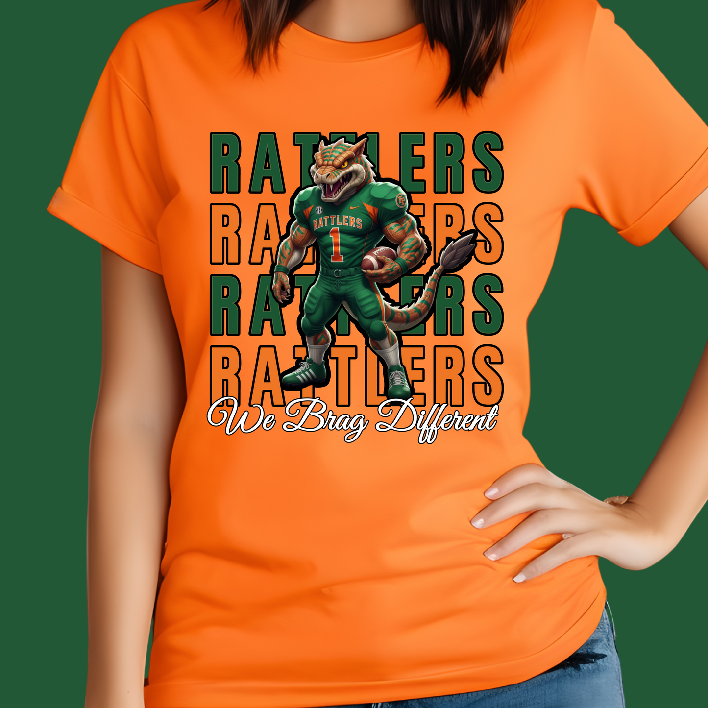 Orange t-shirt with a graphic of a rattle snake and text on a transparent background Florida Football T-Shirt: "We Brag Different" Florida Game Day Tee