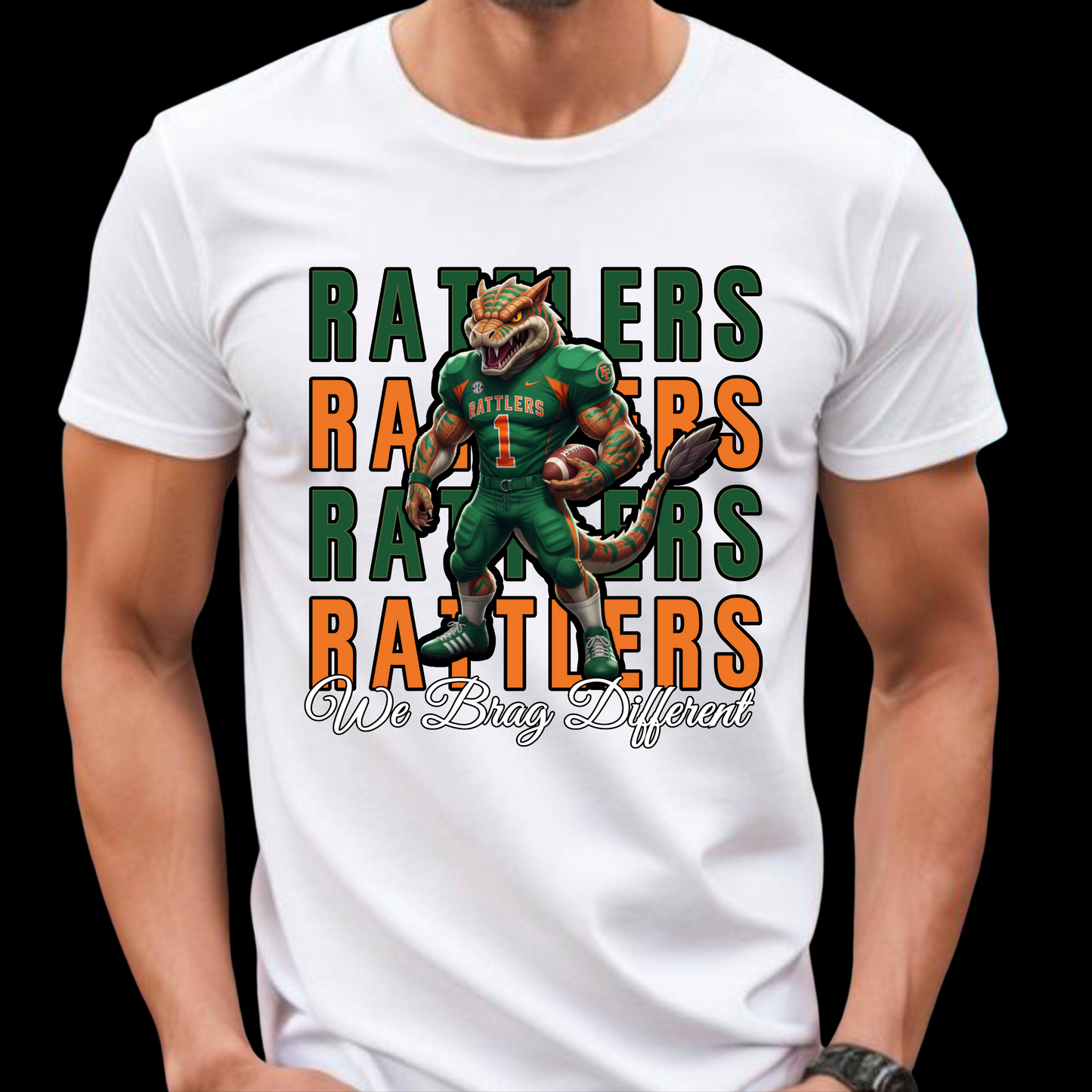 White t-shirt with a graphic of a rattler holding a football and text on a black background Florida Football T-Shirt: "We Brag Different" Florida Game Day Tee