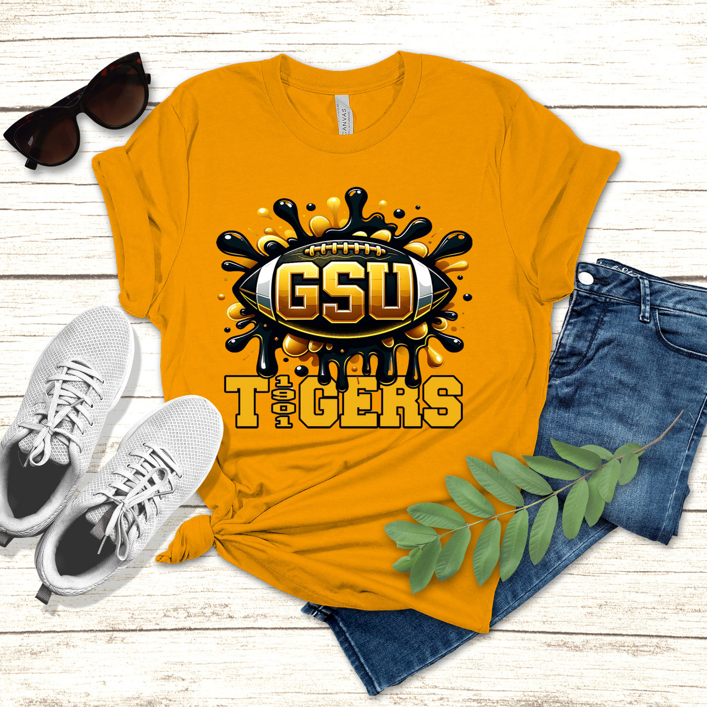 Women with gold grambling Tigers University Tshirt GSU Grambling State University Tiger 1901 White Bella Canvas shirt