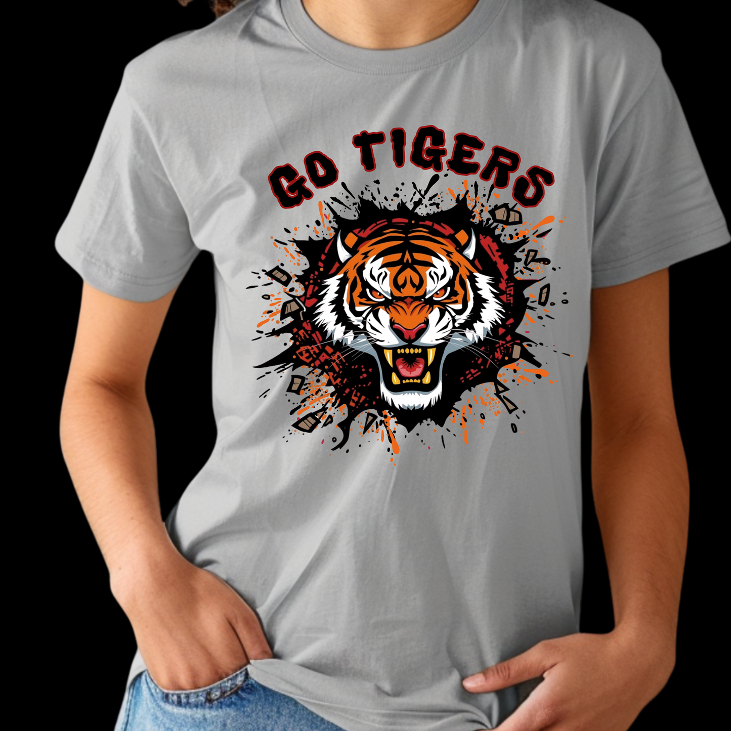 Gray t-shirt with a tiger graphic and 'Go Tigers' text on a black background Go Tigers Bold Mascot Tee – Unleash Your School Spirit