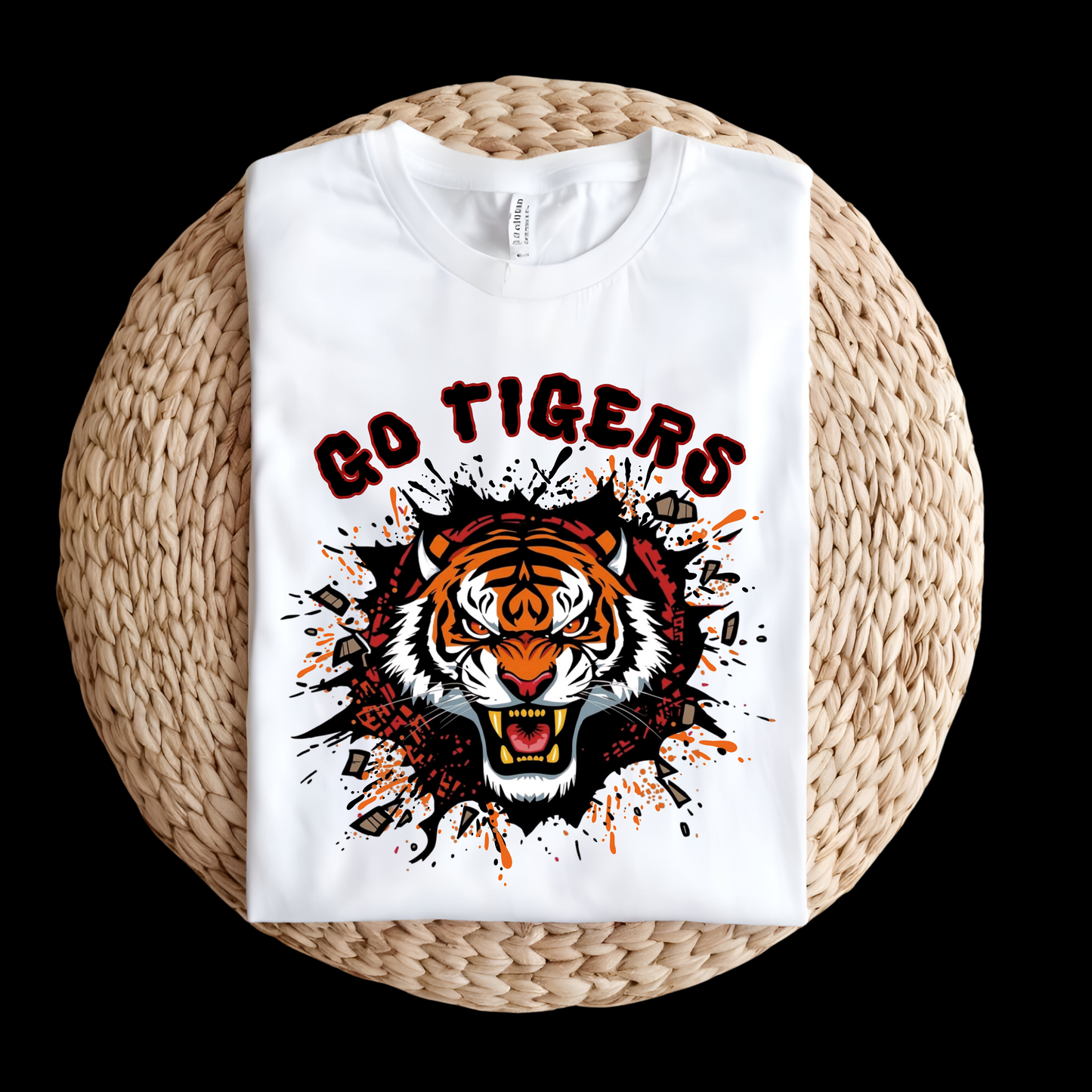 White sweatshirt with tiger graphic and 'Go Tigers' text on a woven surface Go Tigers Bold Mascot Tee – Unleash Your School Spirit