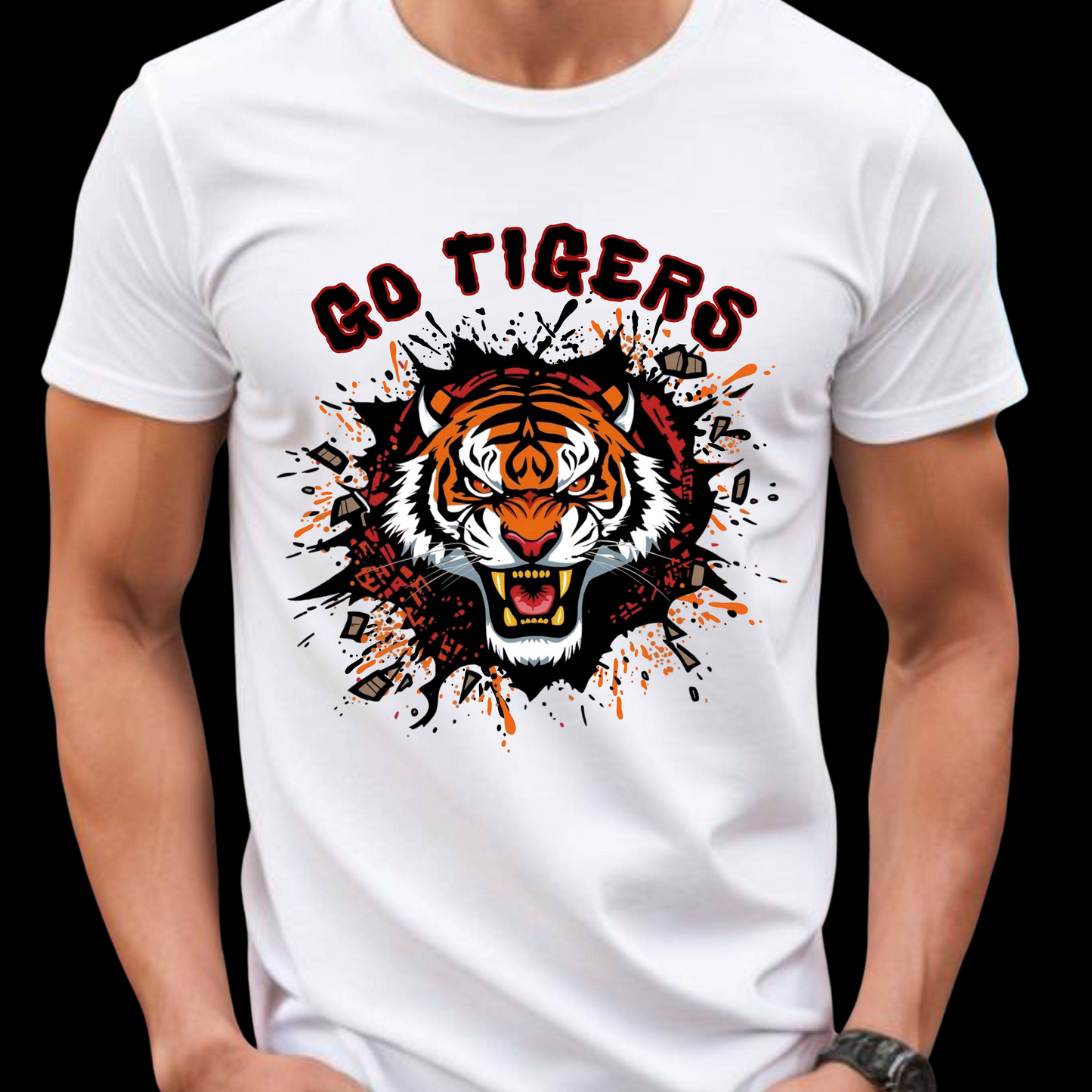 White t-shirt with a tiger graphic and 'GO TIGERS' text on a black background Go Tigers Bold Mascot Tee – Unleash Your School Spirit