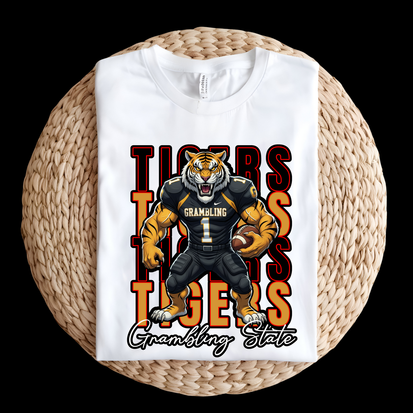 White sweatshirt with a tiger football player design on a woven surface GSU Tigers T-Shirt – Grambling State University Game Day & Homecoming Graphic Tee