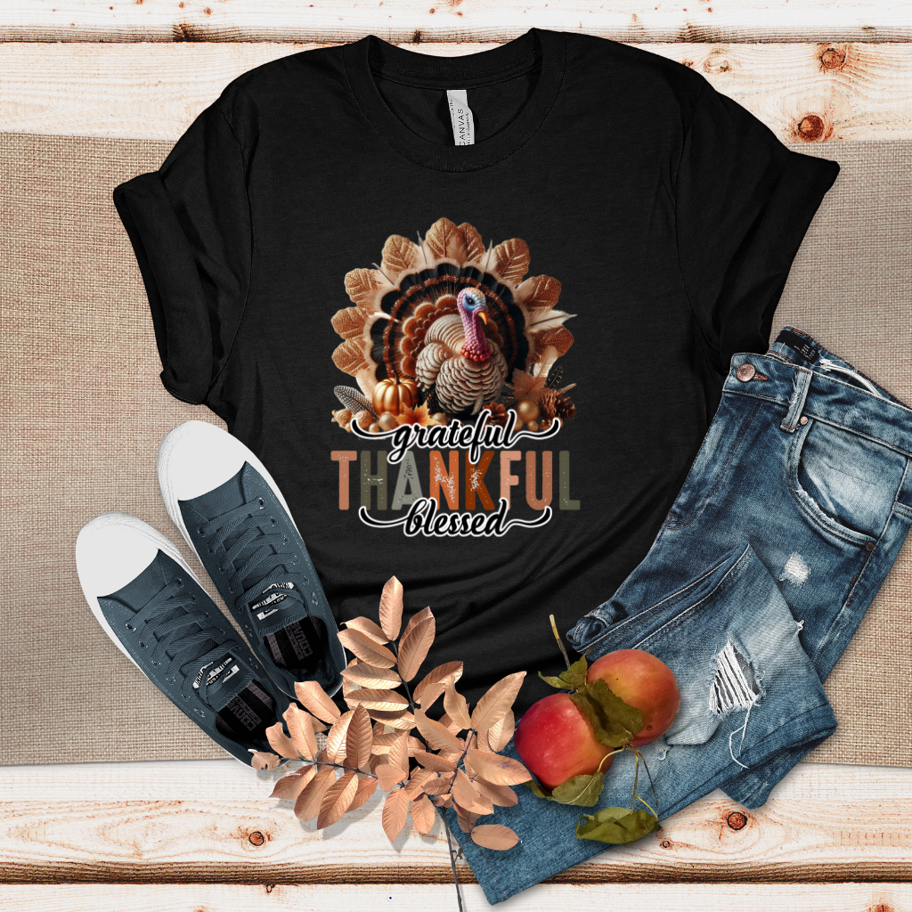 Grateful Thankful and Blessed Glitter Sophisticated Heather Camel Tshirt | Thanksgiving Sweater | Soft Oversized Camel T-Shirt