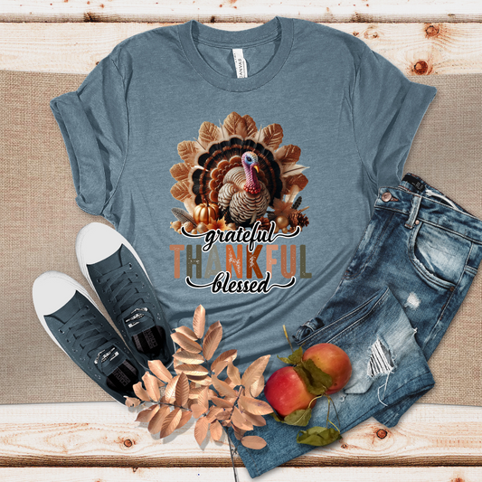 Grateful Thankful and Blessed Glitter Sophisticated Heather Camel Tshirt | Thanksgiving Sweater | Soft Oversized Camel T-Shirt