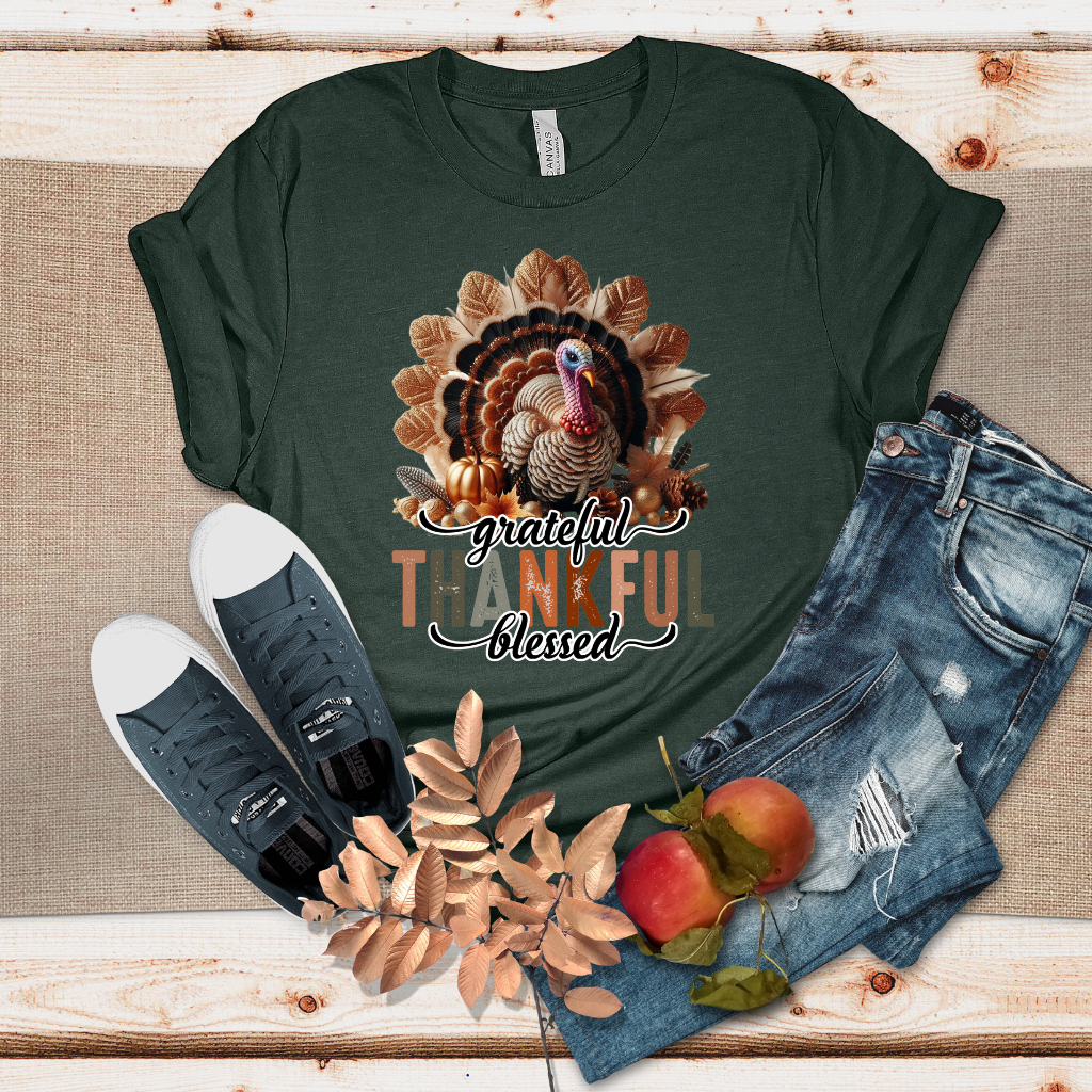 Grateful Thankful and Blessed Glitter Sophisticated Heather Camel Tshirt | Thanksgiving Sweater | Soft Oversized Camel T-Shirt