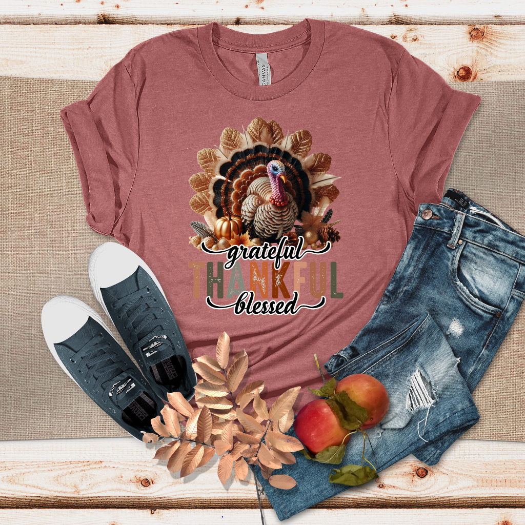 Grateful Thankful and Blessed Glitter Sophisticated Heather Camel Tshirt | Thanksgiving Sweater | Soft Oversized Camel T-Shirt