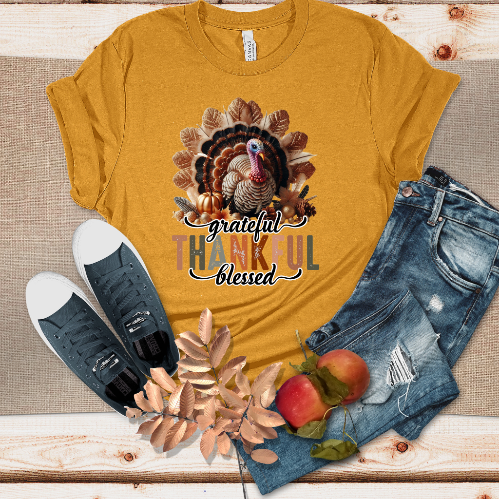 Grateful Thankful and Blessed Glitter Sophisticated Heather Camel Tshirt | Thanksgiving Sweater | Soft Oversized Camel T-Shirt
