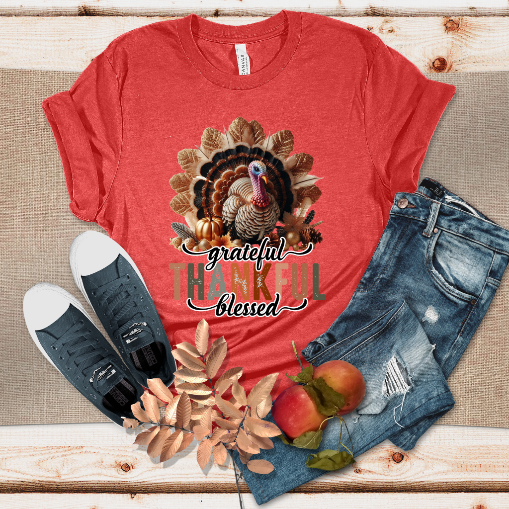 Grateful Thankful and Blessed Glitter Sophisticated Heather Camel Tshirt | Thanksgiving Sweater | Soft Oversized Camel T-Shirt