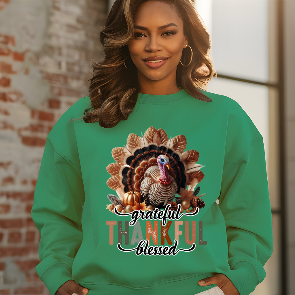 Grateful Thankful Blessed Irish Green Crewneck Women's Oversized Comfort Sweater for Thanksgiving Day
