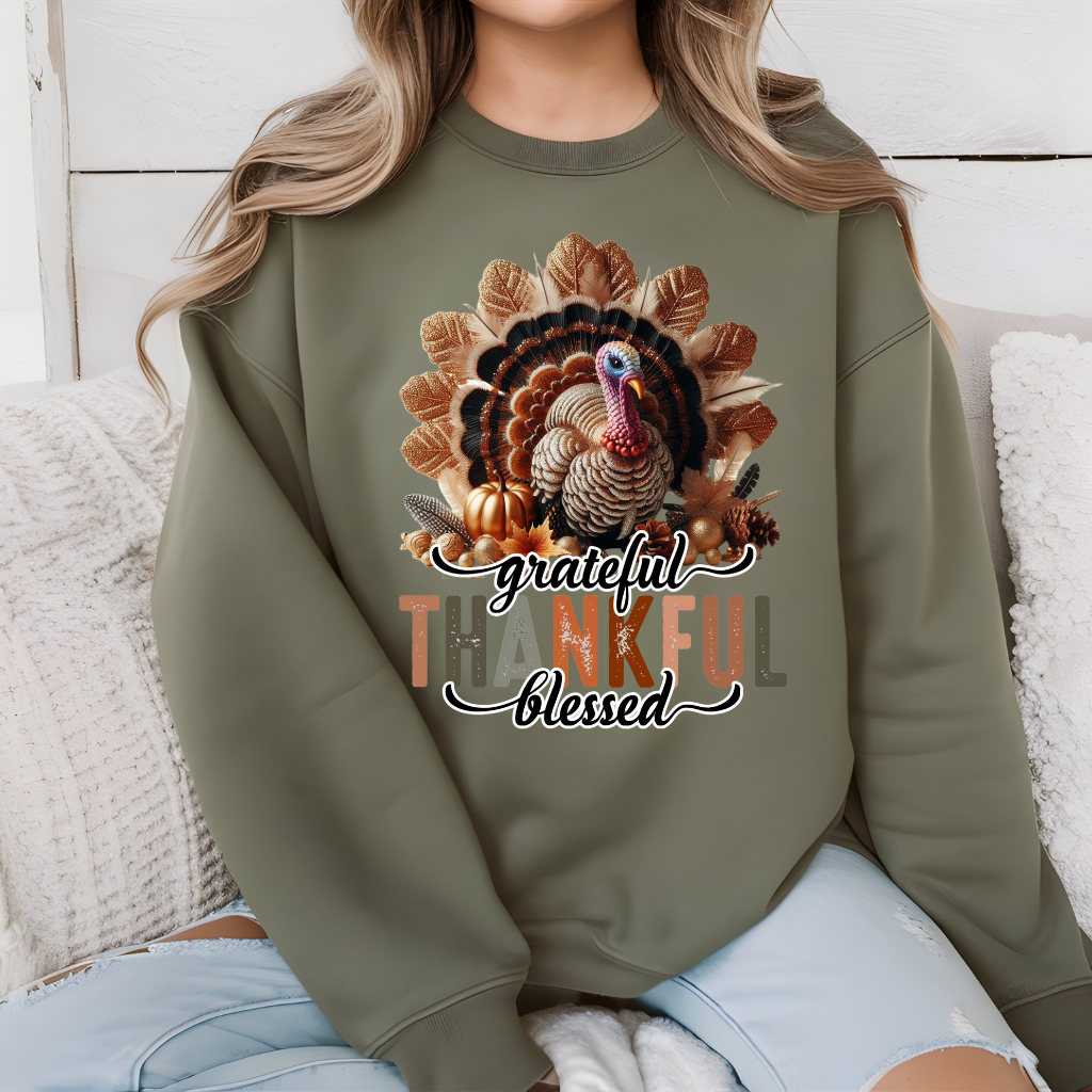 Grateful Thankful Blessed Olive Green Crewneck Women's Oversized Comfort Sweater for Thanksgiving Day