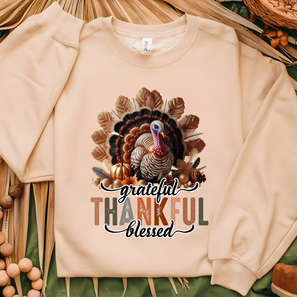 Grateful Thankful Blessed Camel Sand Color Crewneck Women's Oversized Comfort Sweater for Thanksgiving Day