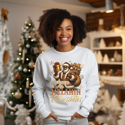 Person wearing a white sweatshirt with a festive design in a decorated room.