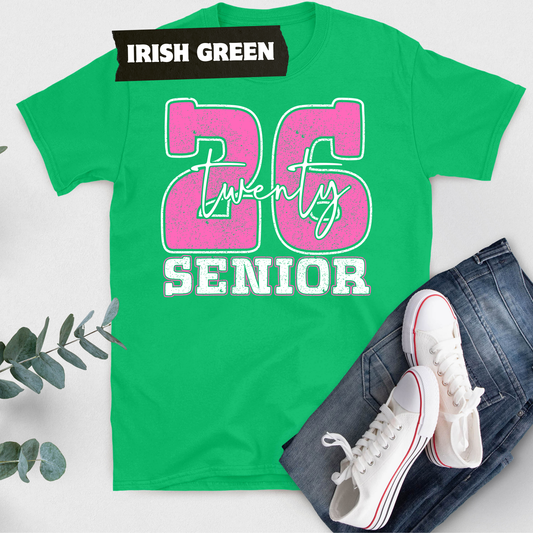 Green t-shirt with '26 Twenty Senior' text, white sneakers, and jeans on a light gray background. Senior 2026 T-Shirt - Graduating Senior - Customizable Class of 2026 Shirt