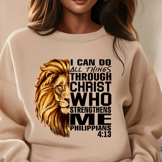 Lion Crewneck Sweater – I Can Do All Things Through Christ Sweater Women wearing a Camel Christian faith sweater with "I can do all things through Christ who strengthens me" and Lion of Judah design. Inspirational Christian and Christian Faith Sweater along with a Lion of Judah