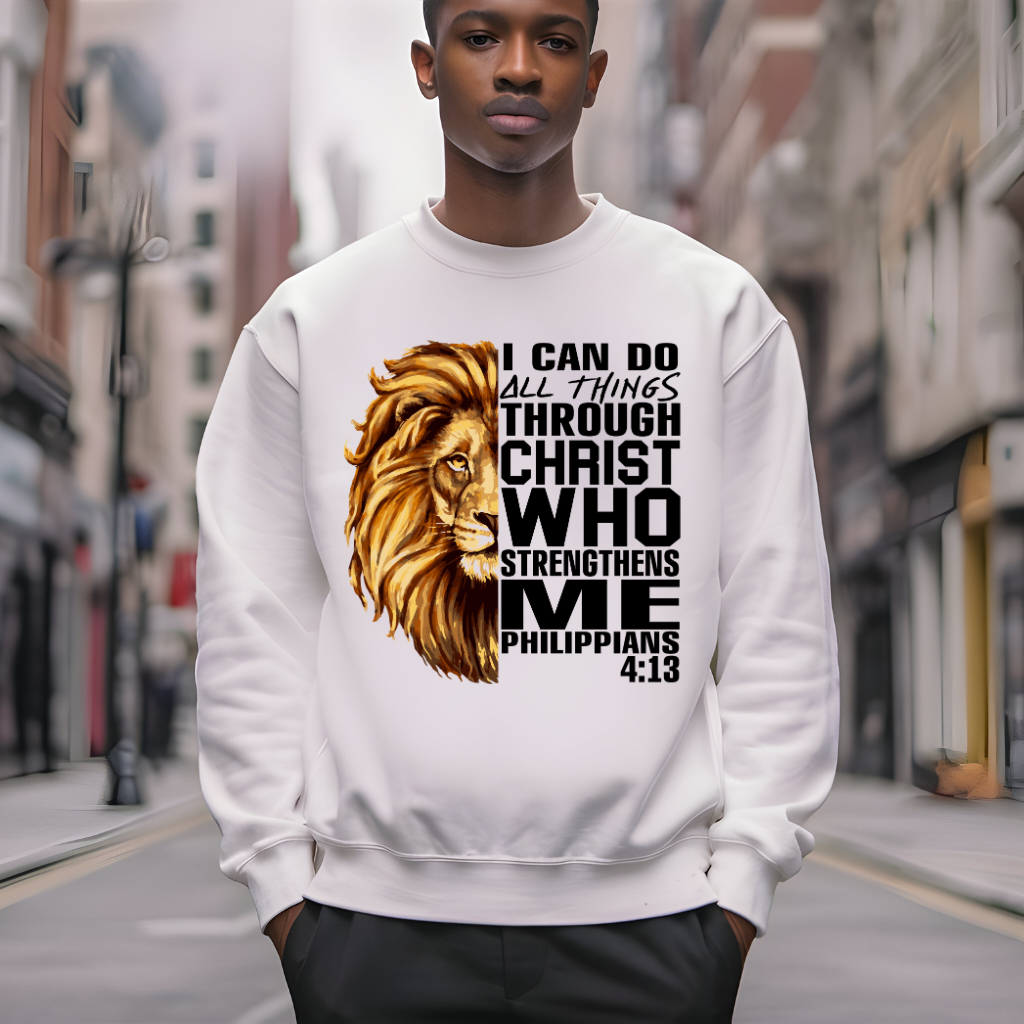 Lion Crewneck Sweater – I Can Do All Things Through Christ Sweater Man wearing a white Christian faith sweater with "I can do all things through Christ who strengthens me" and Lion of Judah design. Inspirational Christian and Christian Faith Sweater along with a Lion of Judah