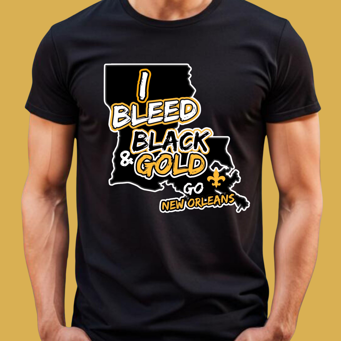 Black t-shirt with 'I Bleed Black & Gold Go New Orleans' design on a yellow background New Orleans Football "I Bleed Black and Gold" Louisiana Game Day Unisex T-Shirt