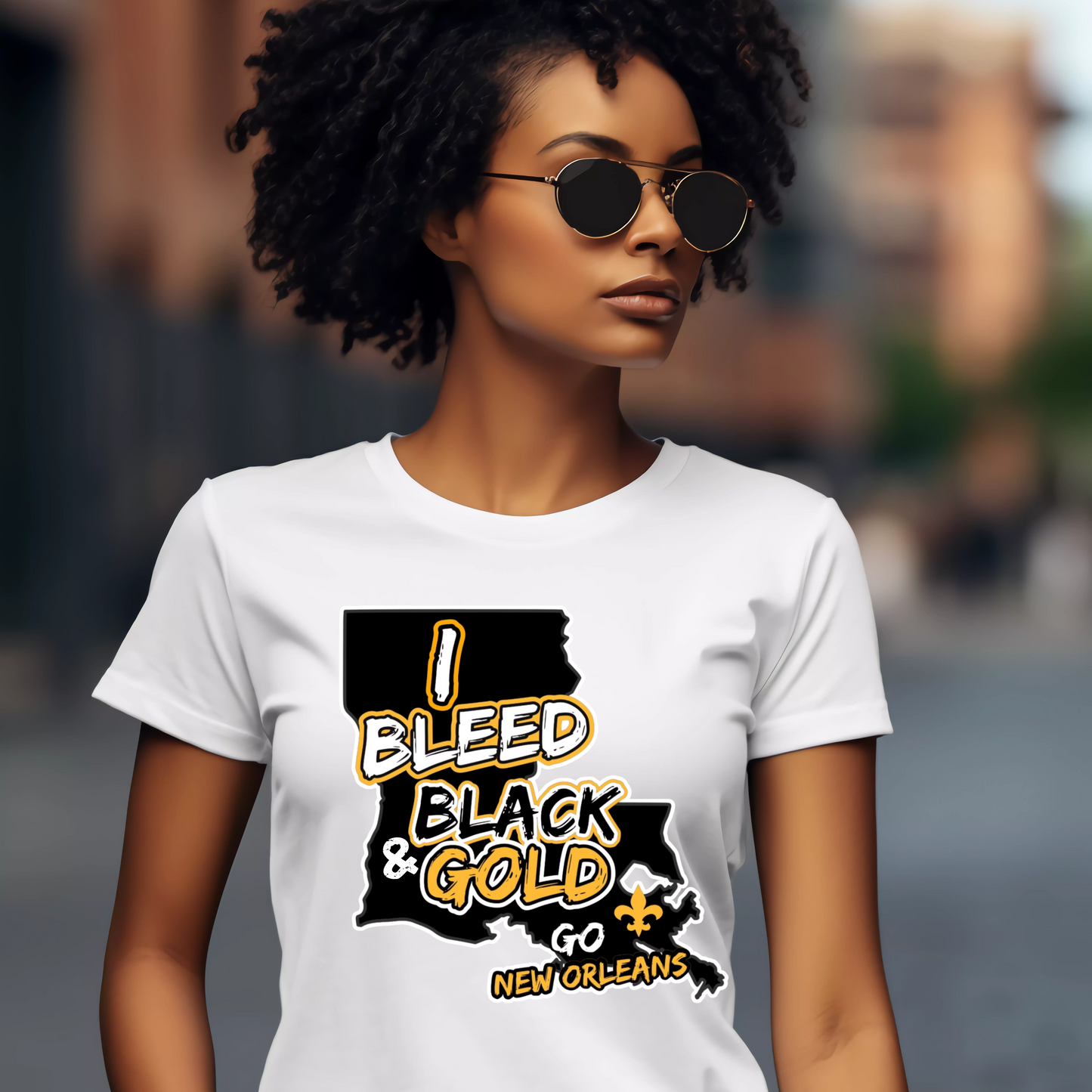 Woman wearing a white t-shirt with 'I Bleed Black & Gold Go New Orleans' design. New Orleans Football "I Bleed Black and Gold" Louisiana Game Day Unisex T-Shirt