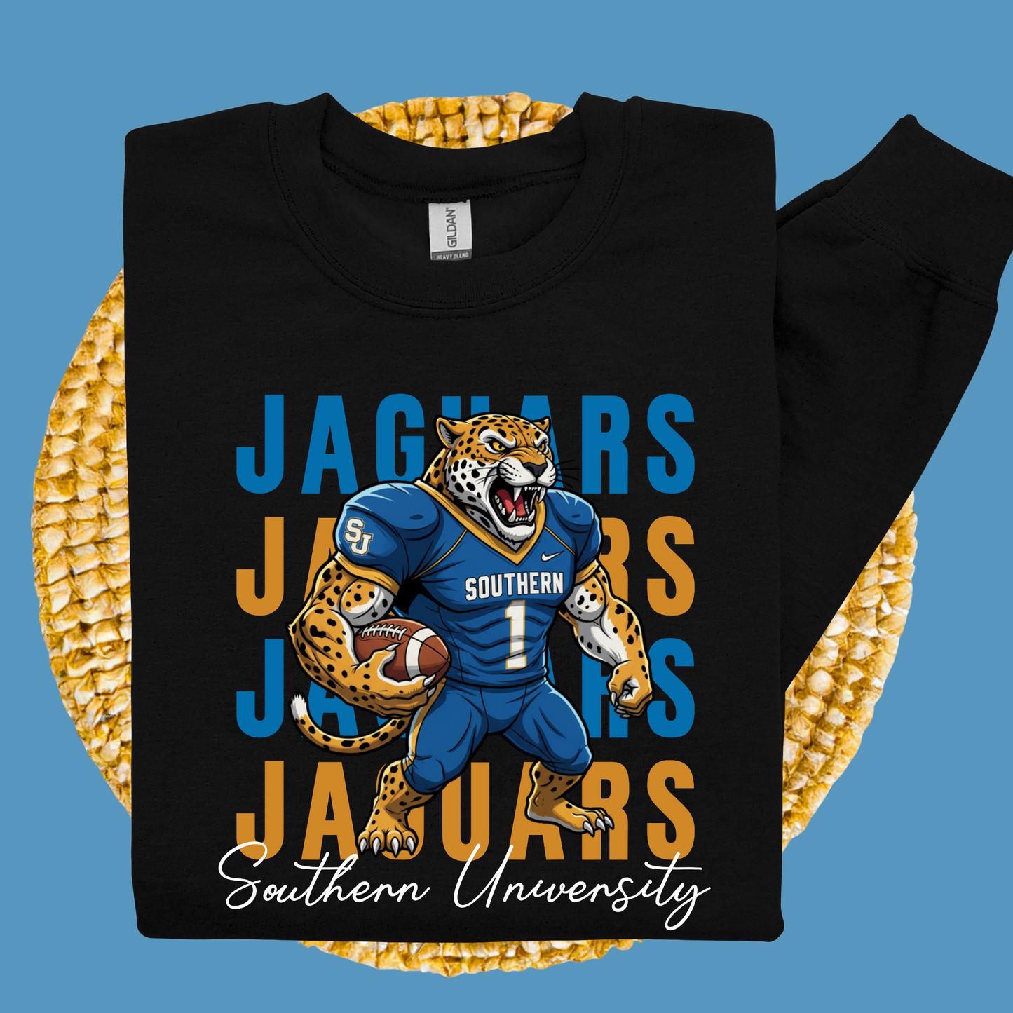 Black t-shirt with a jaguar graphic and 'Southern University' text on a blue background Southern Jaguars Sweatshirt: HBCU Game Day Football Cozy Sweater