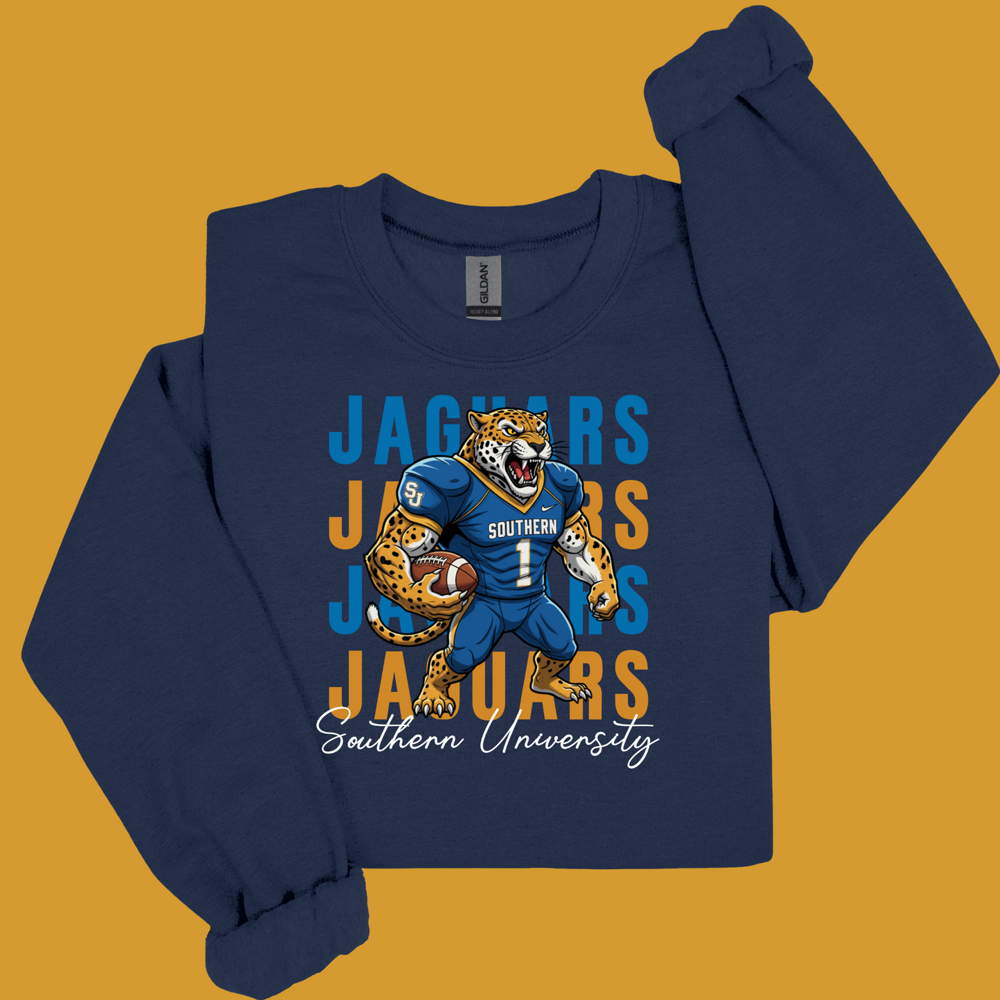 Navy blue long-sleeve shirt with Jaguars graphic on a mustard yellow background Southern Jaguars Sweatshirt: HBCU Game Day Football Cozy Sweater