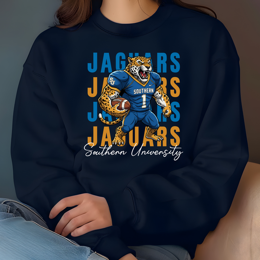 Navy blue sweatshirt with Jaguars graphic and text Southern Jaguars Sweatshirt: HBCU Game Day Football Cozy Sweater