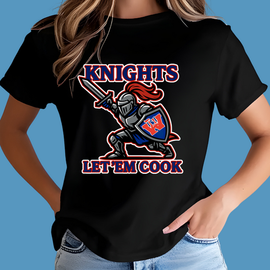 Black t-shirt with a knight graphic and 'Knights Let 'Em Cook' text on a blue background Woodlawn Knights Shirt: "Let'em Cook" Bold Game Day T-Shirt
