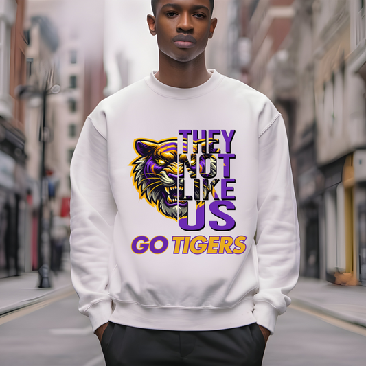 Geaux Tigers Go Tigers - They Not Like Us Go Tigers White Sweater Geaux LSU Louisiana State University Tigers sweater Geaux Tigers "Go Tigers" They Not Like Us Louisiana Tigers Game Day Unisex Sweater