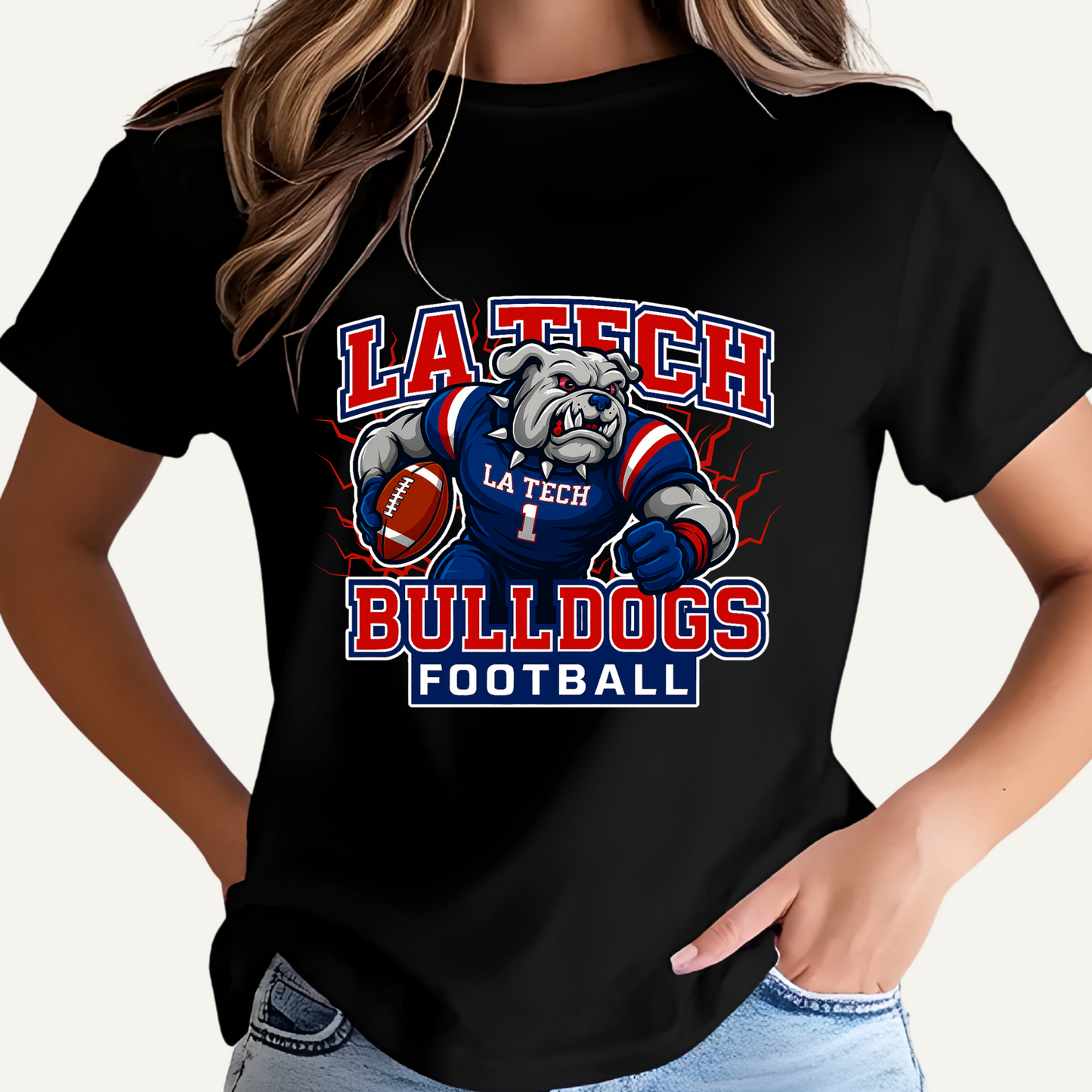 Black t-shirt with 'LA Tech Bulldogs Football' graphic design LA TECH Bulldogs Football T-Shirt - Fierce Louisiana Tech Bulldogs Game Day Tee