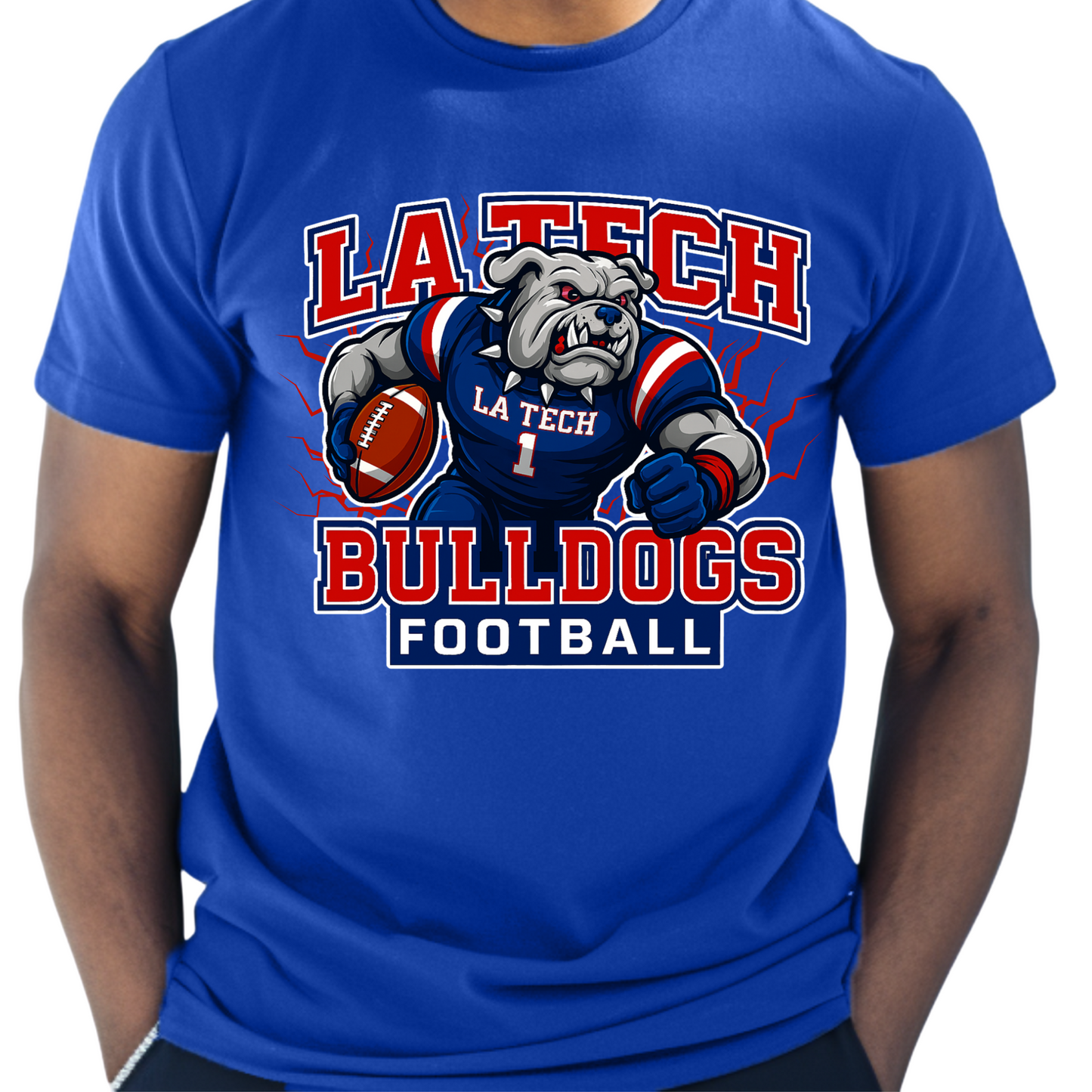 Blue t-shirt with bulldog graphic and 'La Tech Bulldogs Football' text on a white background LA TECH Bulldogs Football T-Shirt - Fierce Louisiana Tech Bulldogs Game Day Tee