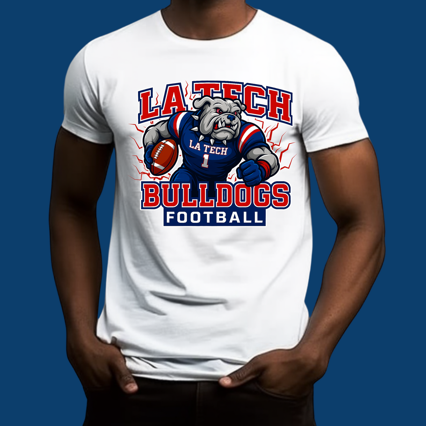 White t-shirt with 'La Tech Bulldogs Football' graphic on a blue background LA TECH Bulldogs Football T-Shirt - Fierce Louisiana Tech Bulldogs Game Day Tee