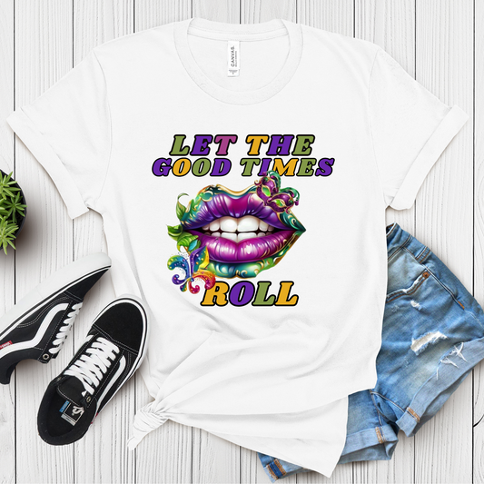 women wearing Vibrant and colorful Mardi Gras lips design on a t-shirt, capturing the festive spirit with bold and playful imagery for Mardi gras parades and festival