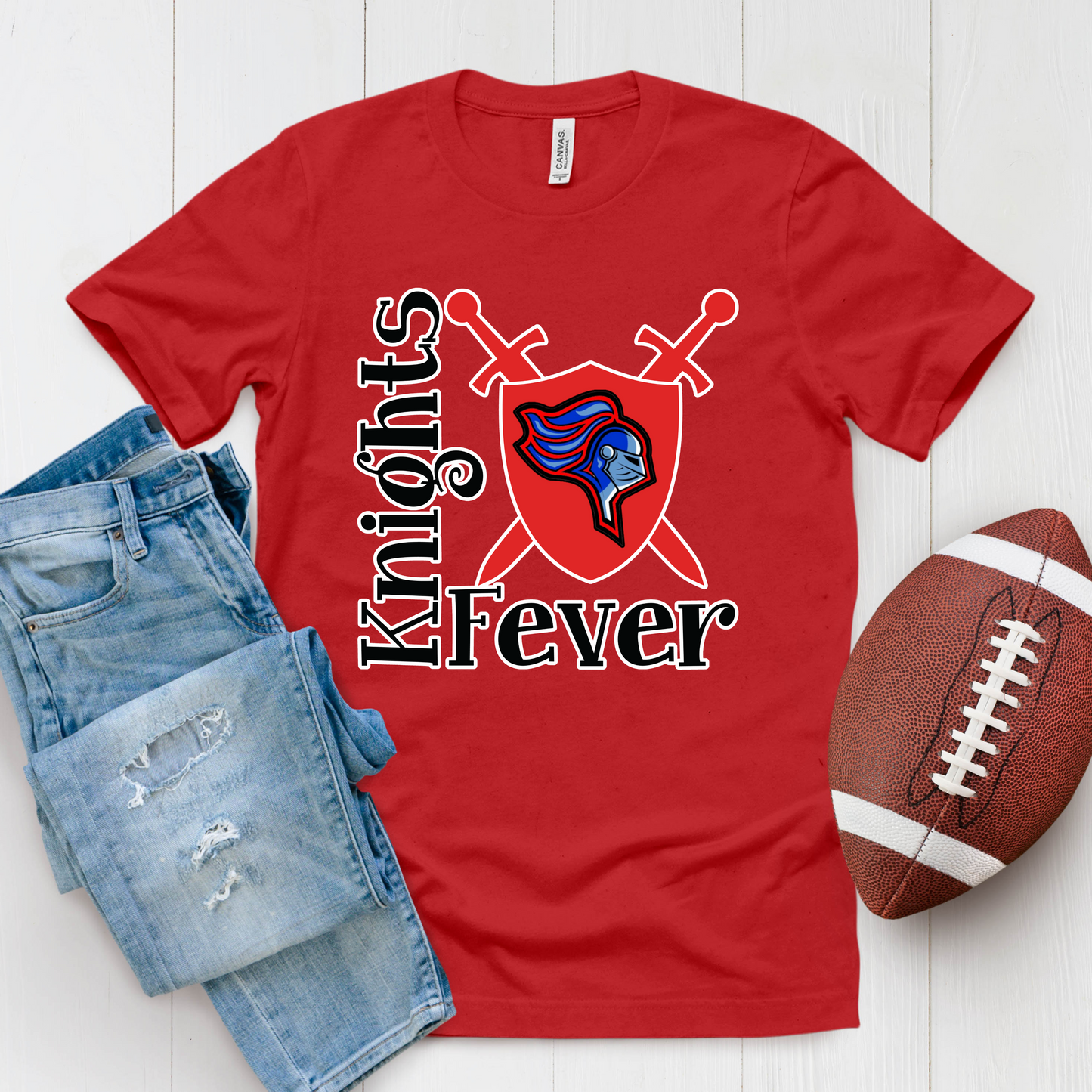 Red t-shirt with 'Knights Fever' design, blue shorts, and football on a white background Knights School Spirit Shirt - Knights Fever - Rep the Knights Tee