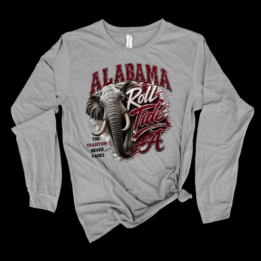 A heather gray long-sleeve t-shirt with a graphic of an Alabama Crimson Tide elephant and the text 'ALABAMA Roll Tide' on a black background.