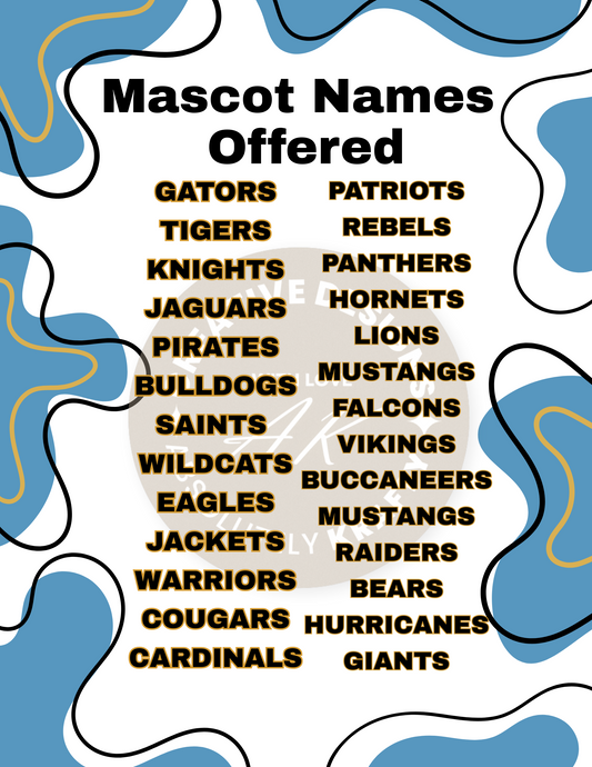 List of mascot names with a blue and white abstract design