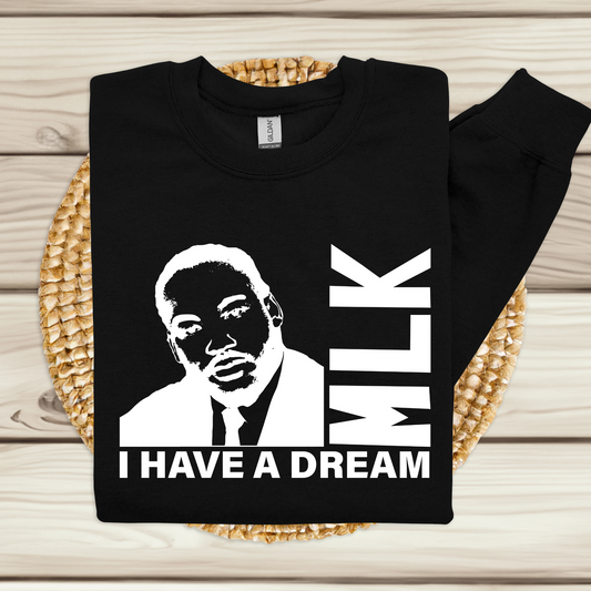 MLK tribute sweater: MLK I have a dream black crewneck sweatshirt sweater perfect for wearing to MLK Black History Parades and MLK Birthday celebrations to showcase black pride and appreciation for the civil rights movement