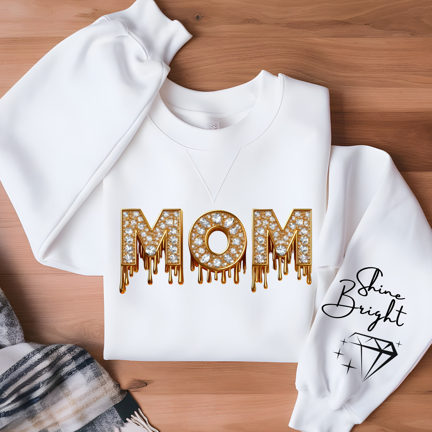 Mom Sweater Women wearing white mom faux diamond sparking bright mom sweatshirt a perfect mom sweater for chic mom gift on her birthday or Mother's Day gift.