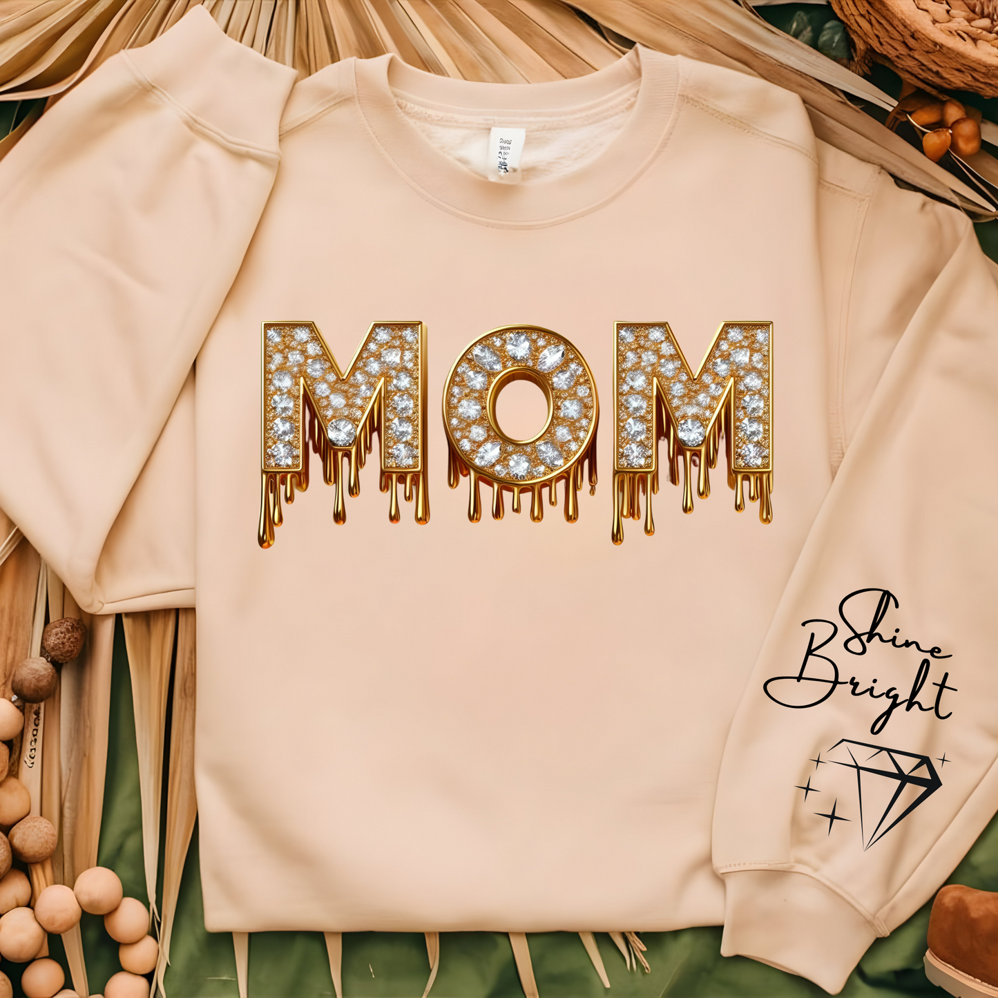 Women wearing natural mom faux diamond sparking bright mom sweatshirt a perfect mom sweater for chic mom gift on her birthday or Mother's Day gift.