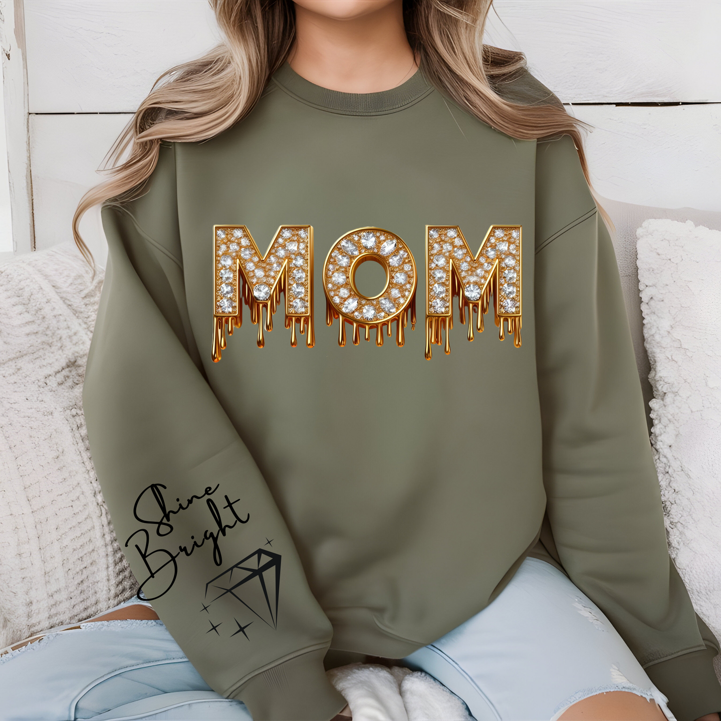 Women wearing olive green mom faux diamond sparking bright mom sweatshirt a perfect mom sweater for chic mom gift on her birthday or Mother's Day gift.