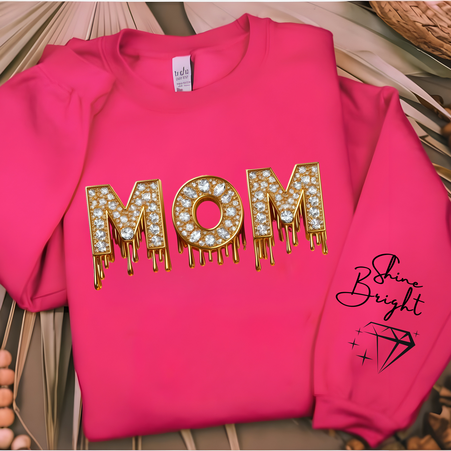 Women wearing white mom faux diamond sparking bright mom sweatshirt a perfect mom sweater for chic mom gift on her birthday or Mother's Day gift.