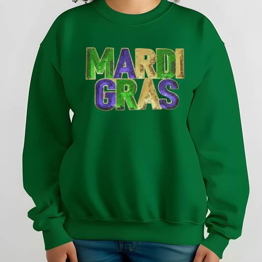 Green sweatshirt with 'MARDI GRAS' text in multicolor on a white background