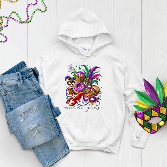 White hoodie with Mardi Gras design, jeans, and a mask on a white background