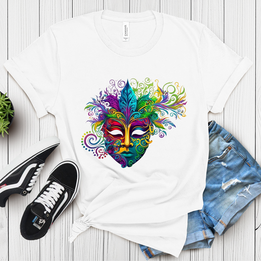 Women wearing white tee with Vibrant and Bright Mardi Gras Mask to celebrate Mardi Gras Parade Celebrations New Orleans Louisiana
