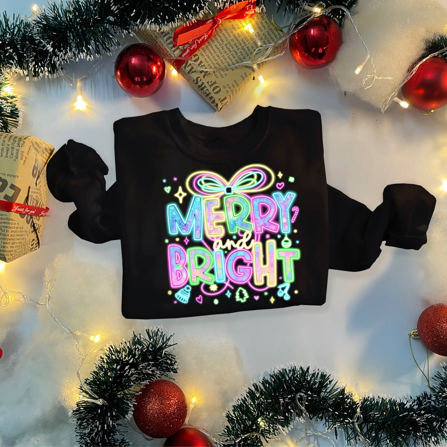 Neon Merry and Bright Christmas Sweatshirt - Cute Retro Glow Holiday Shirt