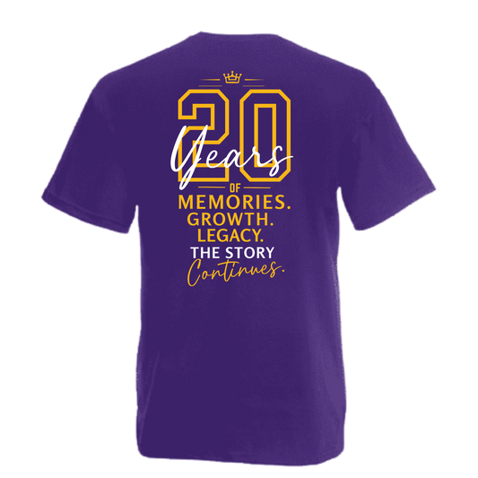 A purple short-sleeve t-shirt shown from the back, featuring a celebratory graphic that reads '20 Years of Memories. Growth.
