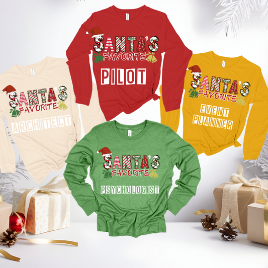 Christmas Matching Shirts for Work: "Santa's Favorite Nurse" Christmas Long Sleeve Occupation Shirt