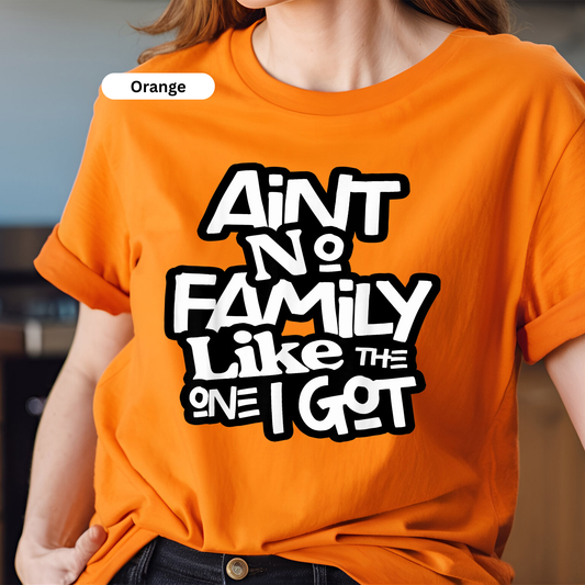 Person wearing an orange t-shirt with text 'Ain't no family like the one I got' in a blurred indoor setting.