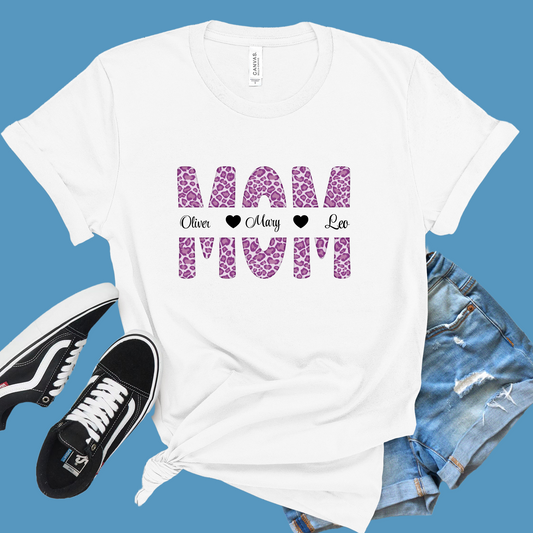 Personalized Mom Shirt - Mom's Heartfelt Keepsake - Custom Kid Name Leopard Print Tee