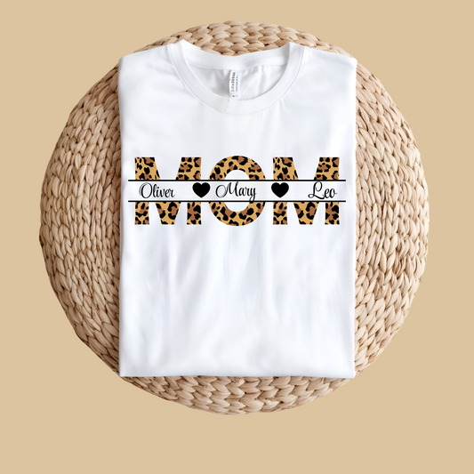 Personalized Mom Shirt: Personalized Mom Custom Kid Name Tee - Leopard Print v2