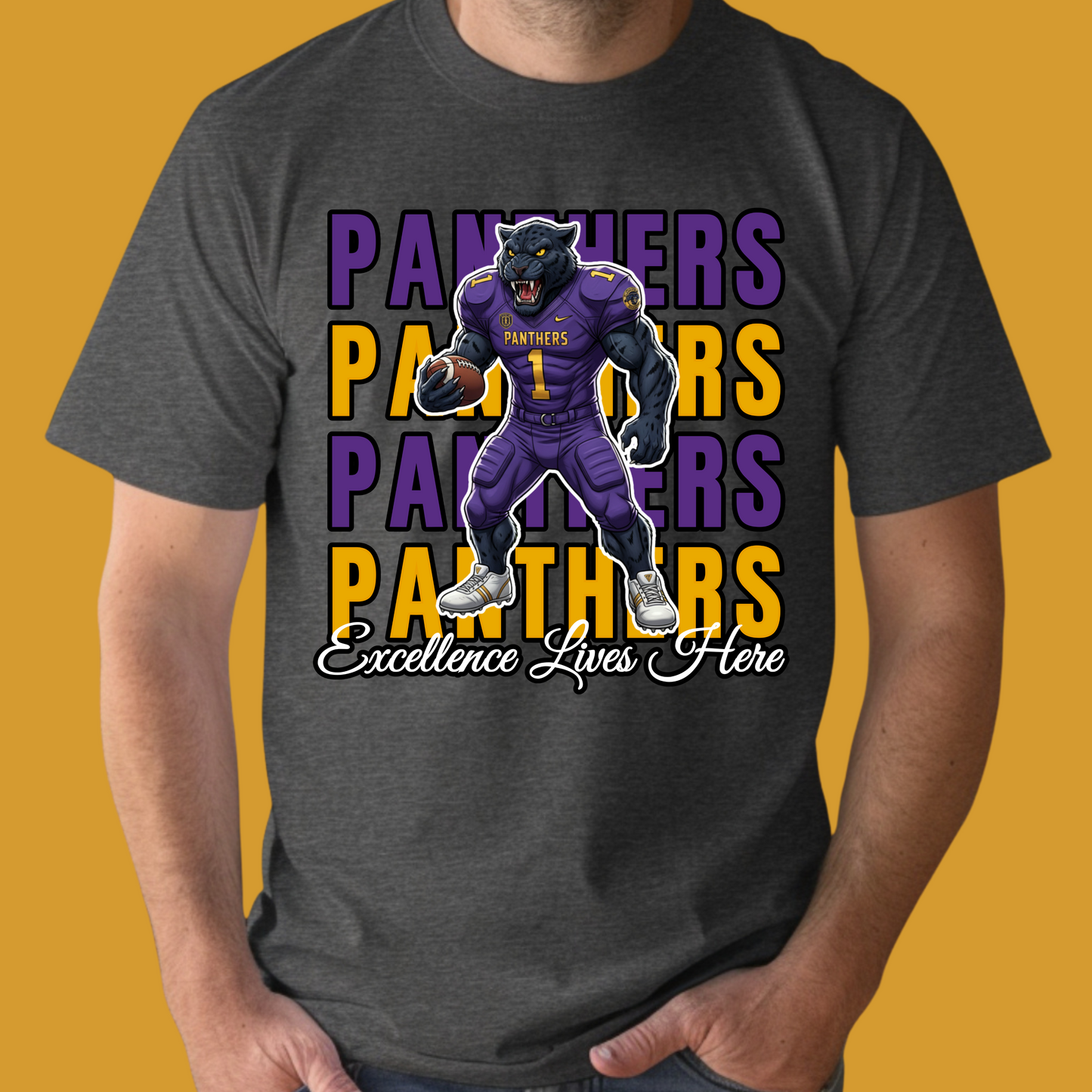 Person wearing a black t-shirt with a panther graphic and text on a yellow background Prairie View Panthers Football T-Shirt: Excellence Lives Here Game Day Comfy Tee