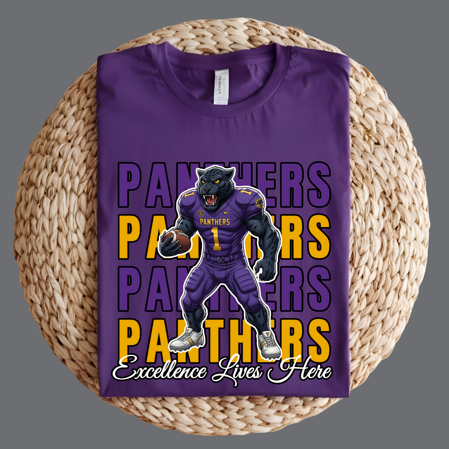 Purple t-shirt with panther graphic and text on a woven surface Prairie View Panthers Football T-Shirt: Excellence Lives Here Game Day Comfy Tee